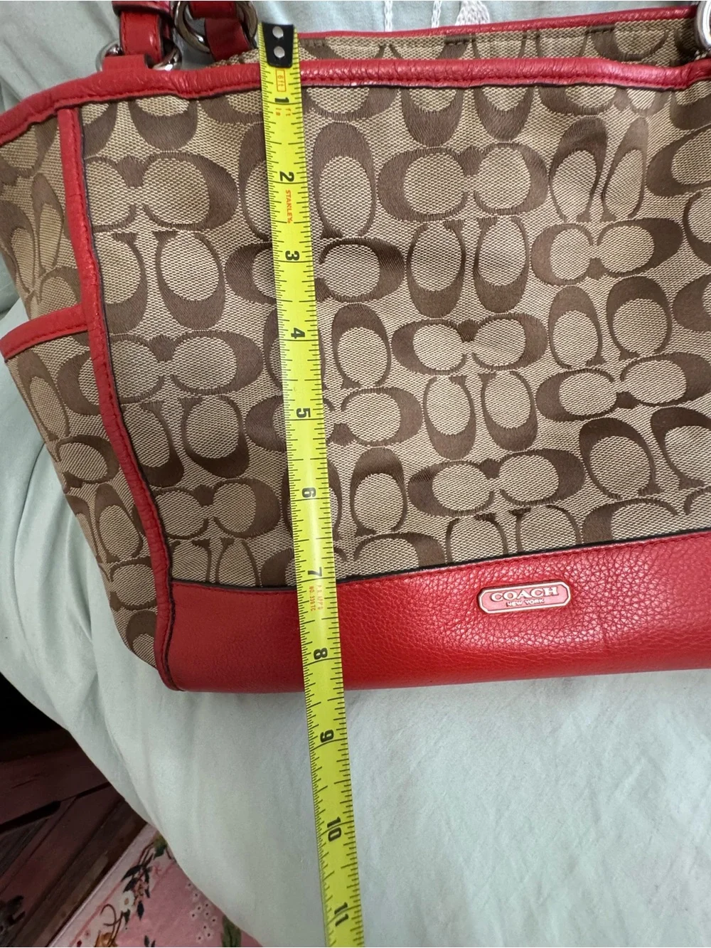Coach Brown Signature Canvas Tote with Orange Leather Trim